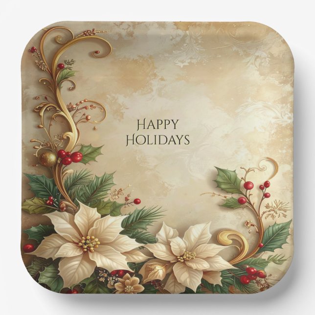 Plato De Papel Christmas Floral Holiday Paper Plate (Anverso)