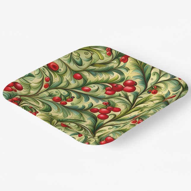 Plato De Papel Christmas Floral Pattern With Red Berries (Angular)
