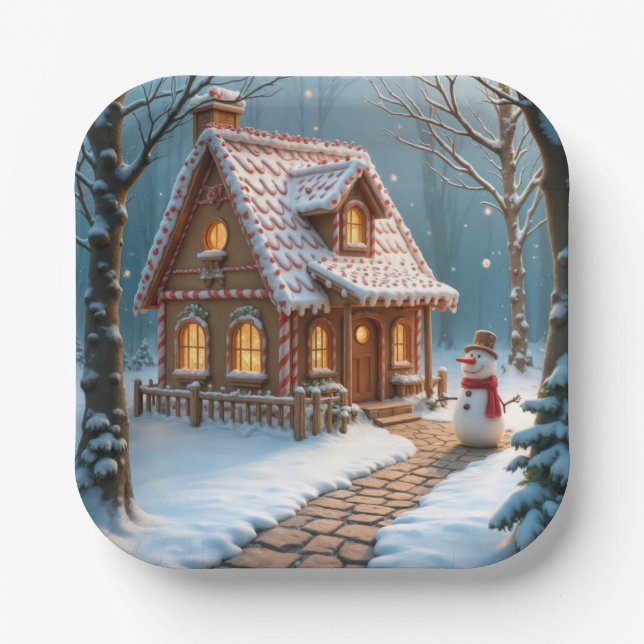 Plato De Papel Christmas Gingerbread House With a Snowman  (Anverso)