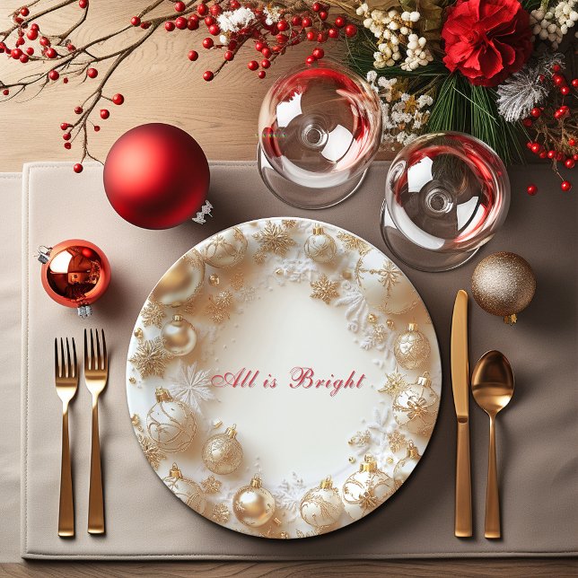 Plato De Papel Christmas Gold Ornaments,Snowflakes All is Bright (Subido por el creador)