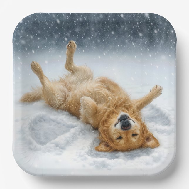 Plato De Papel Christmas Golden Retriever Making a Snow Angel (Anverso)