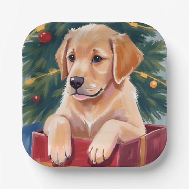 Plato De Papel Christmas Golden Retriever Puppy Present Holiday (Anverso)