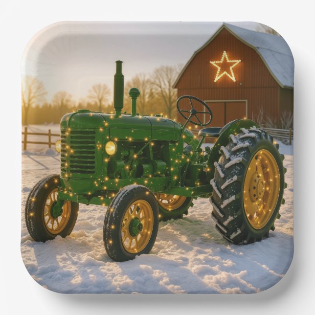 Plato De Papel Christmas Green Tractor With Glowing Lights (Anverso)