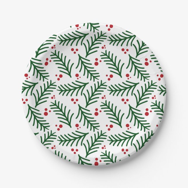 Plato De Papel Christmas Greenery Berries Artisan Modern Holiday (Anverso)
