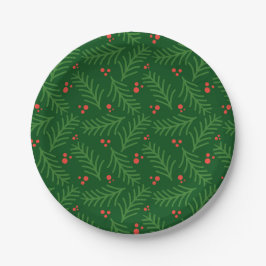 Plato De Papel Christmas Greenery Berries Red Green Festive Mod