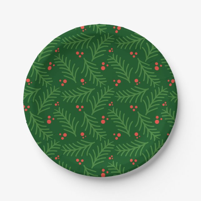 Plato De Papel Christmas Greenery Berries Red Green Festive Mod (Anverso)