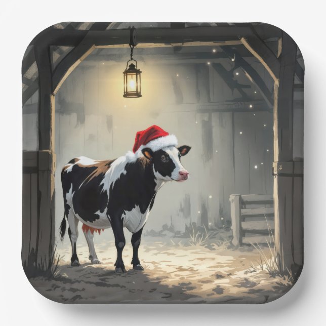 Plato De Papel Christmas Hereford Cow In Barn Doorway (Anverso)