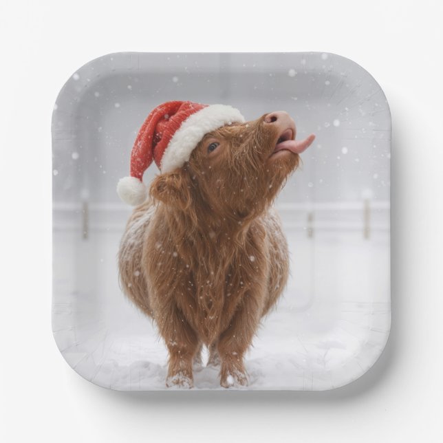 Plato De Papel Christmas Highland Cow Catching Snowflakes (Anverso)