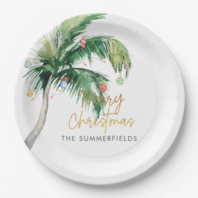 Plato De Papel Christmas Holiday Coastal Palm Tree Custom (Anverso)