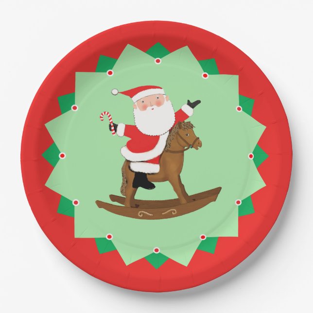 Plato De Papel Christmas Holiday Rocking Horse Paper Plates (Anverso)