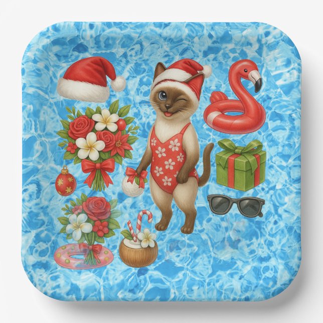 Plato De Papel Christmas in July for Cat Lovers Pool Party (Anverso)