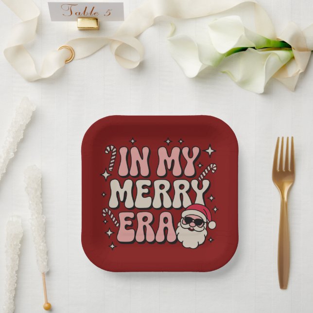 Plato De Papel Christmas in My Merry Era Cute Groovy Xmas (Boda)