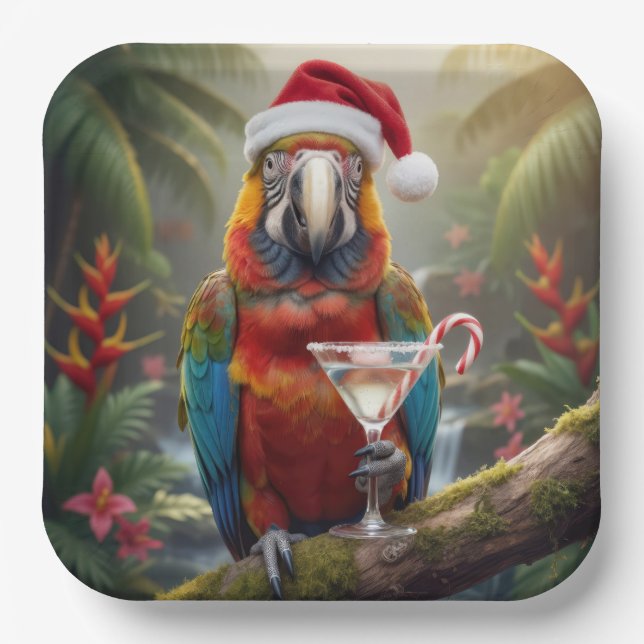 Plato De Papel Christmas Macaw Parrot With Martini Cocktail (Anverso)