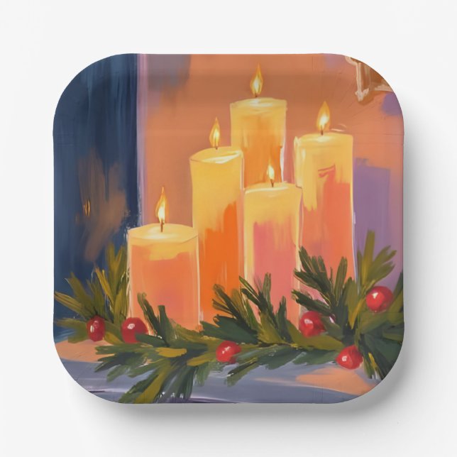 Plato De Papel Christmas Mantle Candles Garland Painted Holiday (Anverso)