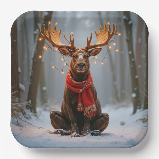 Plato De Papel Christmas Moose Wearing Scarf and Lights (Anverso)
