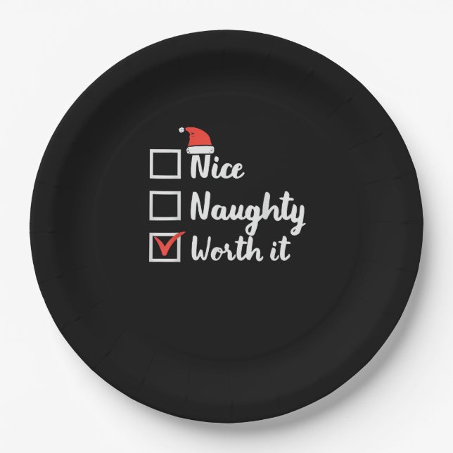 Plato De Papel Christmas Nice Naughty Worth It Funny  (Anverso)