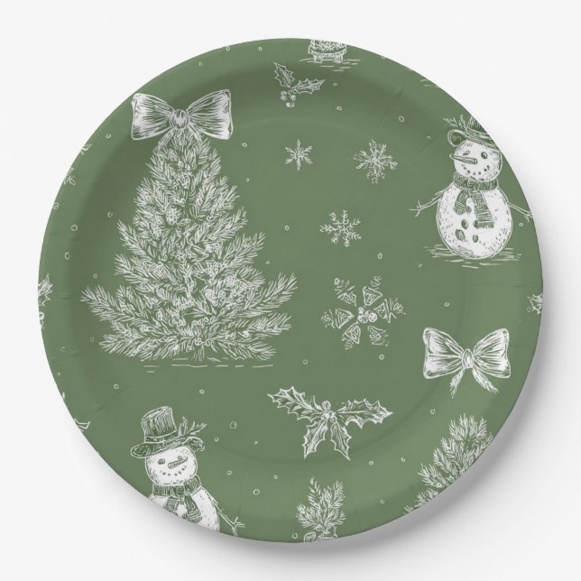 Plato De Papel Christmas paper plate green toile (Anverso)