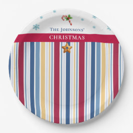 Plato De Papel Christmas Paper Plates – Blue, Red & Gold Stripes