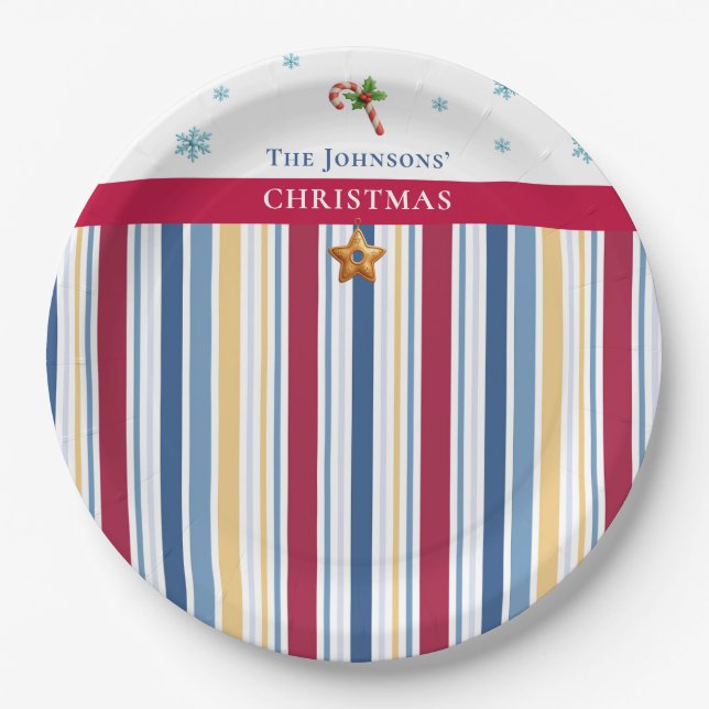 Plato De Papel Christmas Paper Plates – Blue, Red & Gold Stripes (Anverso)