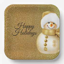 Plato De Papel Christmas Party Golden Snowman Snowflakes Holidays
