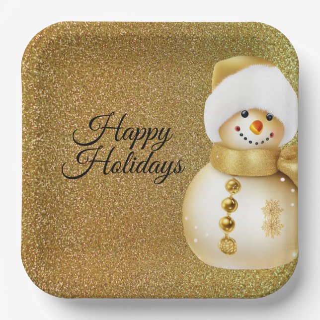 Plato De Papel Christmas Party Golden Snowman Snowflakes Holidays (Anverso)