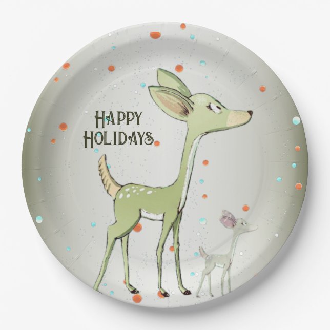 Plato De Papel Christmas Party Green Deers Holidays Cute (Anverso)