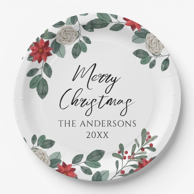 Plato De Papel Christmas Party Red Green Floral (Anverso)
