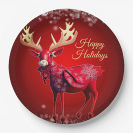 Plato De Papel Christmas Party Red Reindeer Winter Holidays