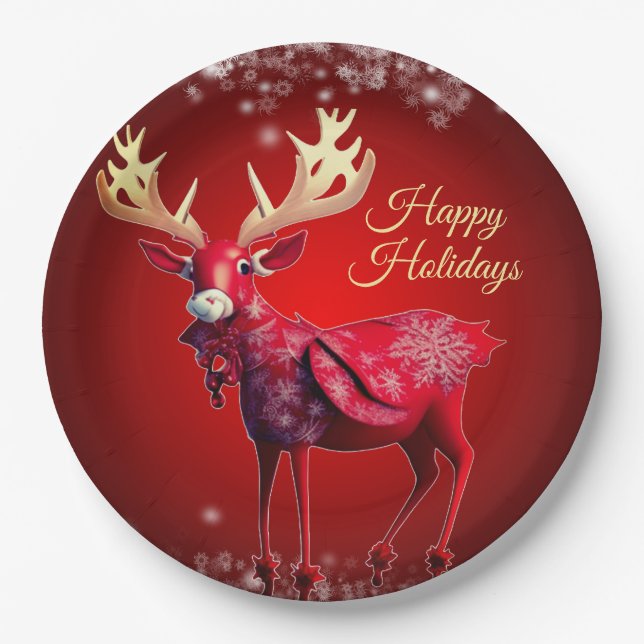 Plato De Papel Christmas Party Red Reindeer Winter Holidays (Anverso)
