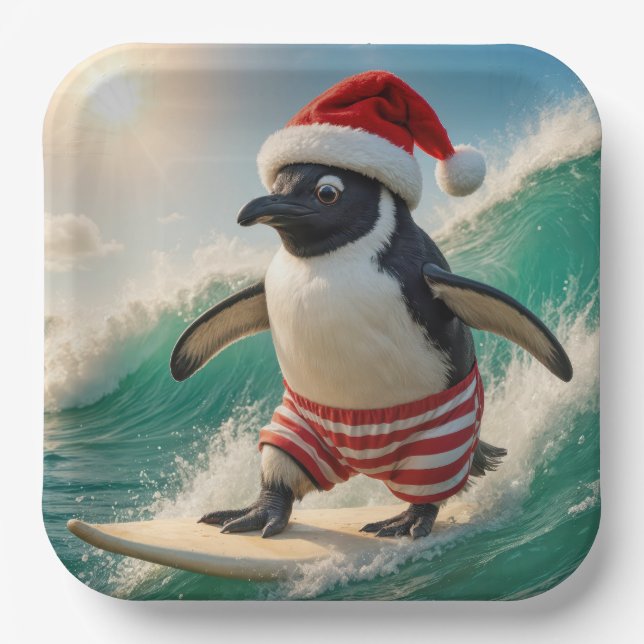 Plato De Papel Christmas Penguin Surfing On an Ocean Wave (Anverso)