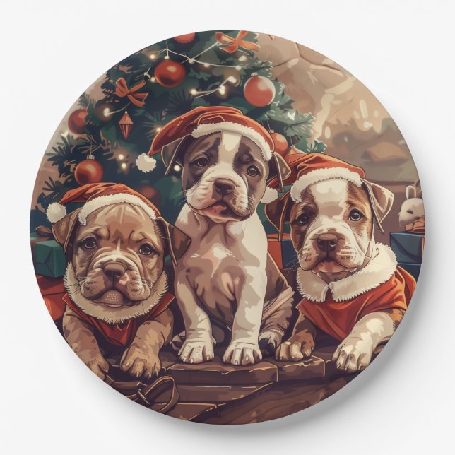 Plato De Papel Christmas Pit Bull Puppy Dogs (Anverso)