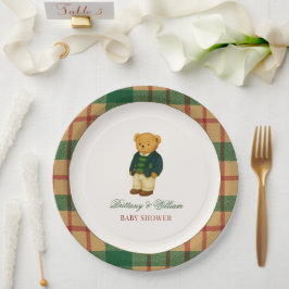 Plato De Papel Christmas Plaid Preppy Bear Baby Shower 