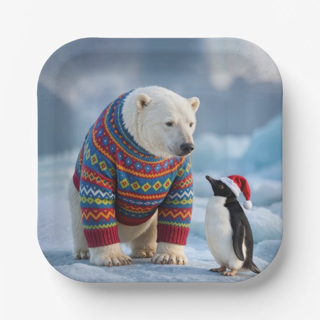 Plato De Papel Christmas Polar Bear and Penguin On a Glacier (Anverso)