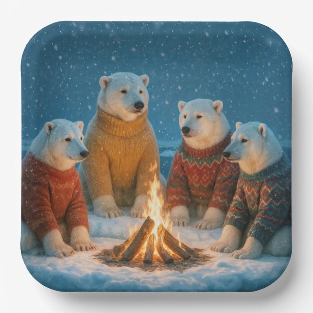 Plato De Papel Christmas Polar Bears Around a Bonfire (Anverso)