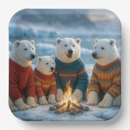 Plato De Papel Christmas Polar Bears Around a Bonfire