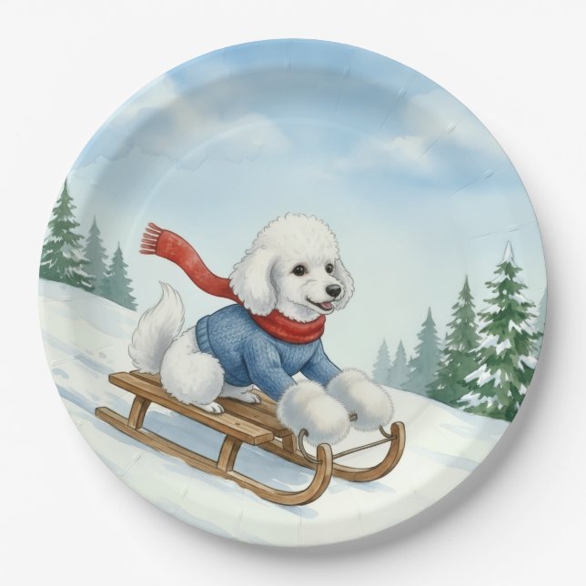 Plato De Papel Christmas Poodle Sledding, Paper Plates (Anverso)