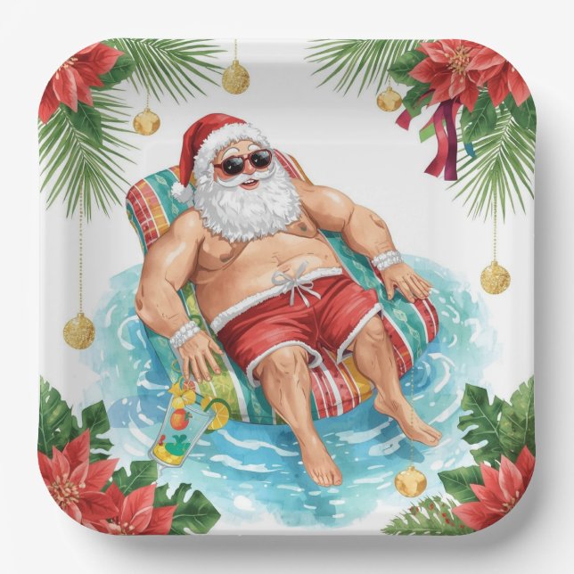 Plato De Papel Christmas Pool Party with Santa Claus  (Anverso)