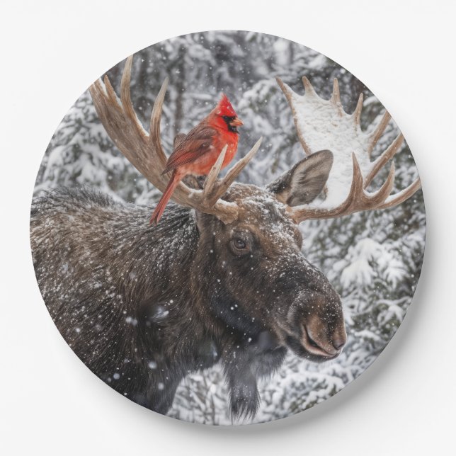 Plato De Papel Christmas Red Cardinal On Snowy Moose Antlers (Anverso)