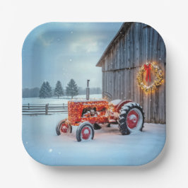 Plato De Papel Christmas Red Farm Tractor In Snow