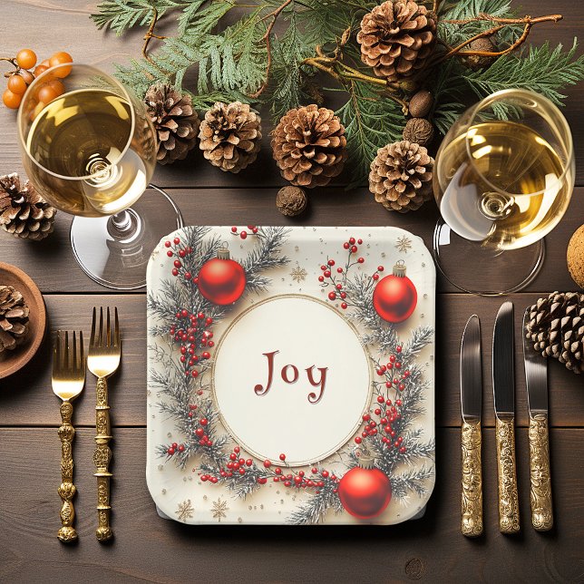 Plato De Papel Christmas Red Ornaments Berries Snowflakes (Subido por el creador)