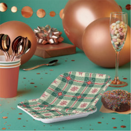 Plato De Papel Christmas Red Snowflakes Green Checks Pattern