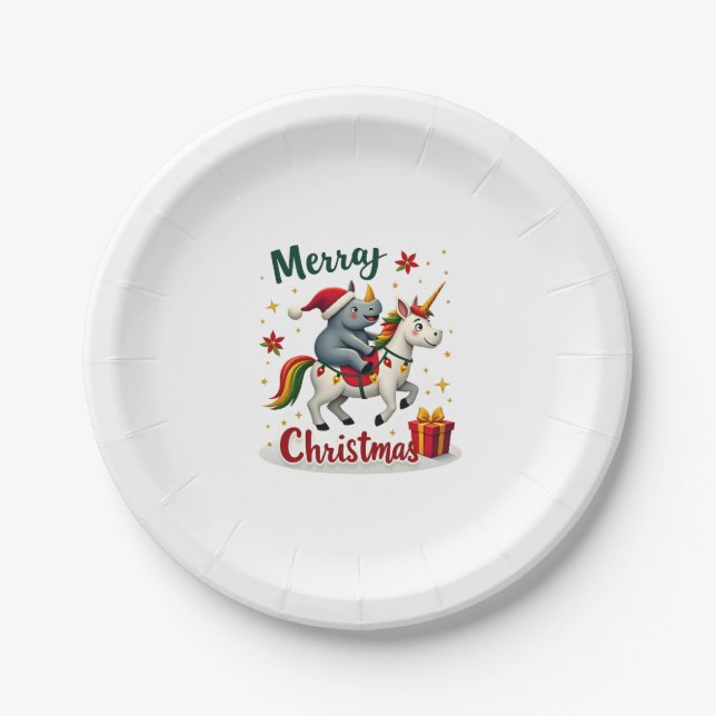 Plato De Papel Christmas Rhino Merry Christmas Unicorn Rhino T-Sh (Anverso)