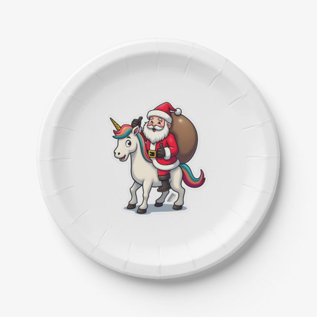 Plato De Papel Christmas Santa Claus Riding Unicorn - Xmas Girls  (Anverso)