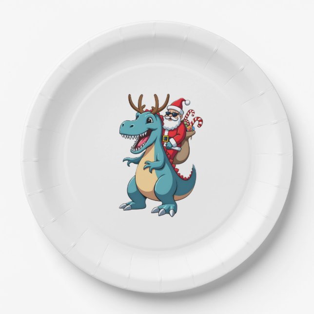 Plato De Papel Christmas Santa Riding Dinosaur Deer Xmas (1) (Anverso)