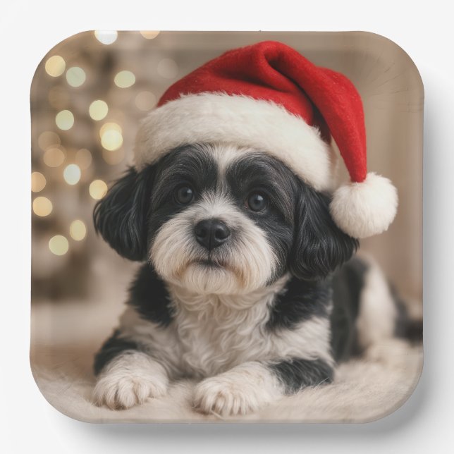 Plato De Papel Christmas Shih Tzu Dog With Santa Hat (Anverso)