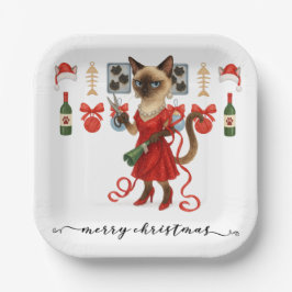 Plato De Papel Christmas Siamese Cat is celebrating at home