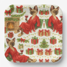 Plato De Papel Christmas Siamese Cat is celebrating at home