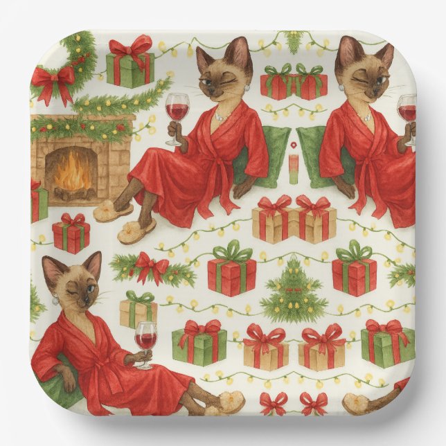 Plato De Papel Christmas Siamese Cat is celebrating at home (Anverso)