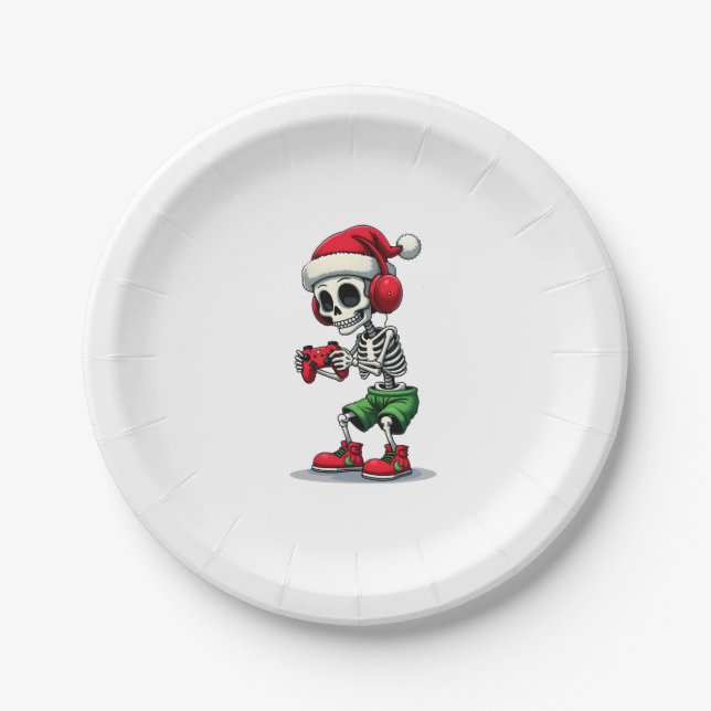 Plato De Papel Christmas skeleton Gamer Pajamas xmas skull gaming (Anverso)