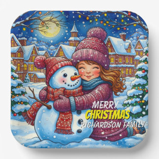 Plato De Papel Christmas Snowman And A Girl
